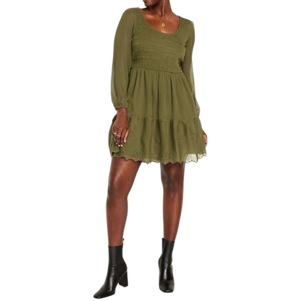 NWT Old Navy Forest‎ Green Smocked Eyelet Trim Tiered Mini Dress Large Fairycore